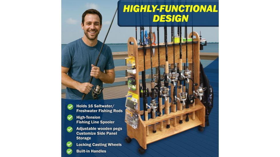Rush Creek Creations 16-Rods Double Sides Rolling Rack with Line Spooler, American Cherry, 38-5000