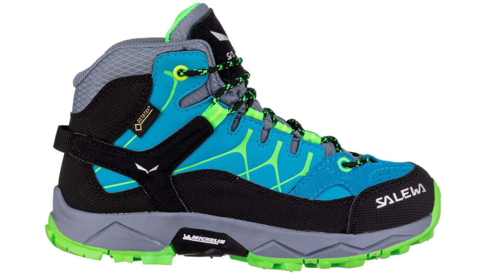 Salewa Alp Trainer Mid GTX Hiking Boots - Kids, Blue Danube/Fluo Green, 3.5, 00-0000064010-8375-3.5