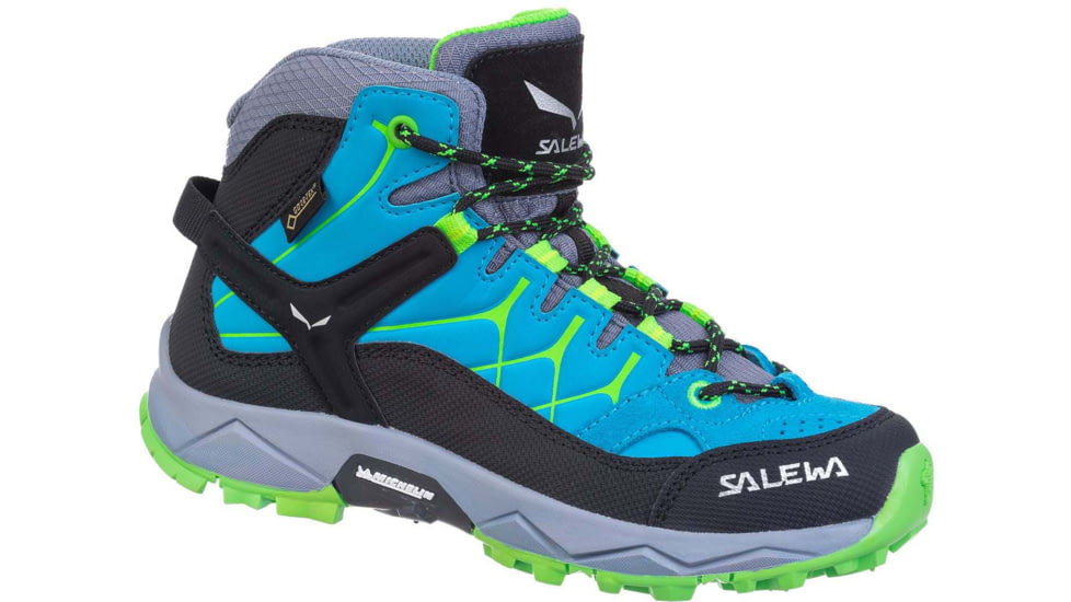Salewa Alp Trainer Mid GTX Hiking Boots - Kids, Blue Danube/Fluo Green, 3.5, 00-0000064010-8375-3.5