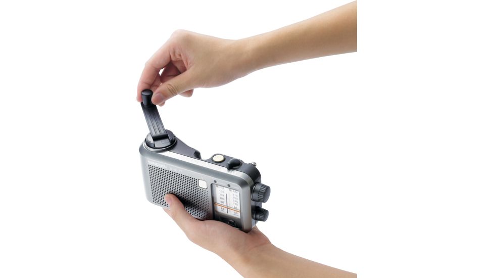 Sangean AM/FM Multi-Powered, Battery/AC/Crank Rechargeable Water-Resistant, Silver MMR-77