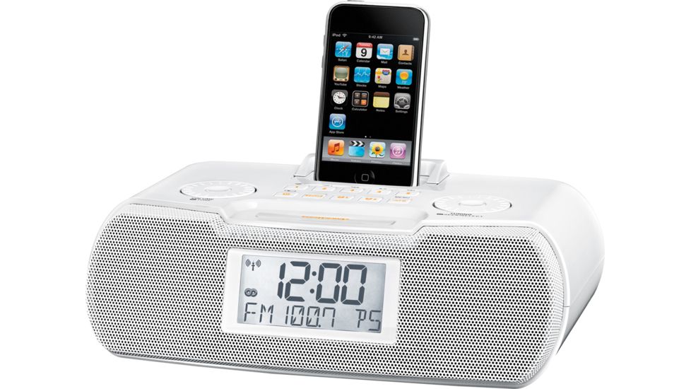 Sangean AM/FM-RDS Digital Atomic Clock Radio with iPod Dock, Large LCD Display, White RCR-10 WH