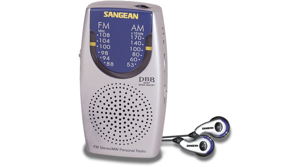 Sangean AM/FM Stereo, Speaker + Earbuds, Analog Tuning Pocket Radio, Silver/ blue SR-3