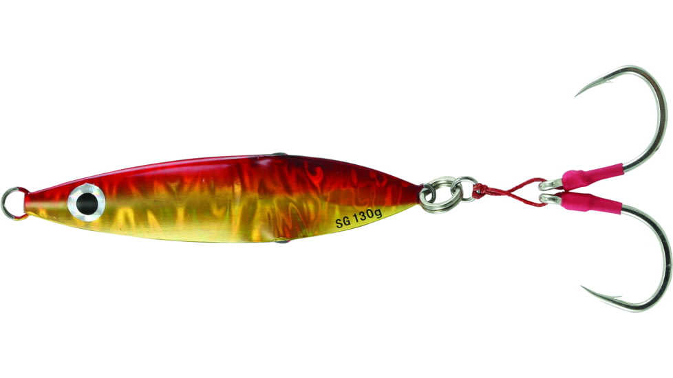 Savage Gear Squish Erratic Fall Deep Drop Jig 5/0 Hook Gold/Red, 3 3/4in, 80 grams, Flutter Sinking, SJ-80G-GR