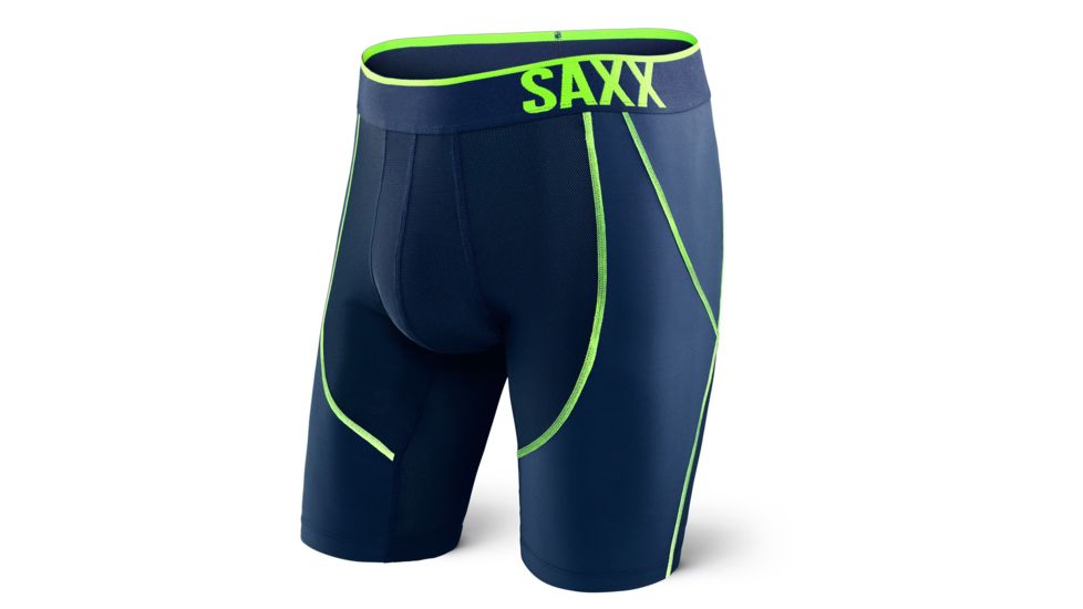 Saxx Strike Long Leg Boxer - Men's-Navy/Neon Green-Small