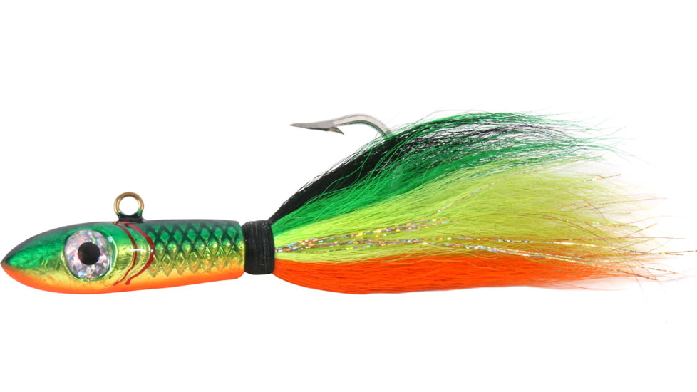 Sea Striker Bucktail Big Game Jig with Rattle and Grub Keeper, Firetiger, 9/0 Hook, 4oz, SSBTGJR4-FT