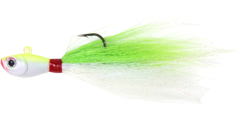 Sea Striker Bucktail Jig 1 1/2 oz, Holographic Eyes, Blk Nickel Hook, Chartreuse/White Head/Chartreuse/White Tail, SSBTJ15-CW