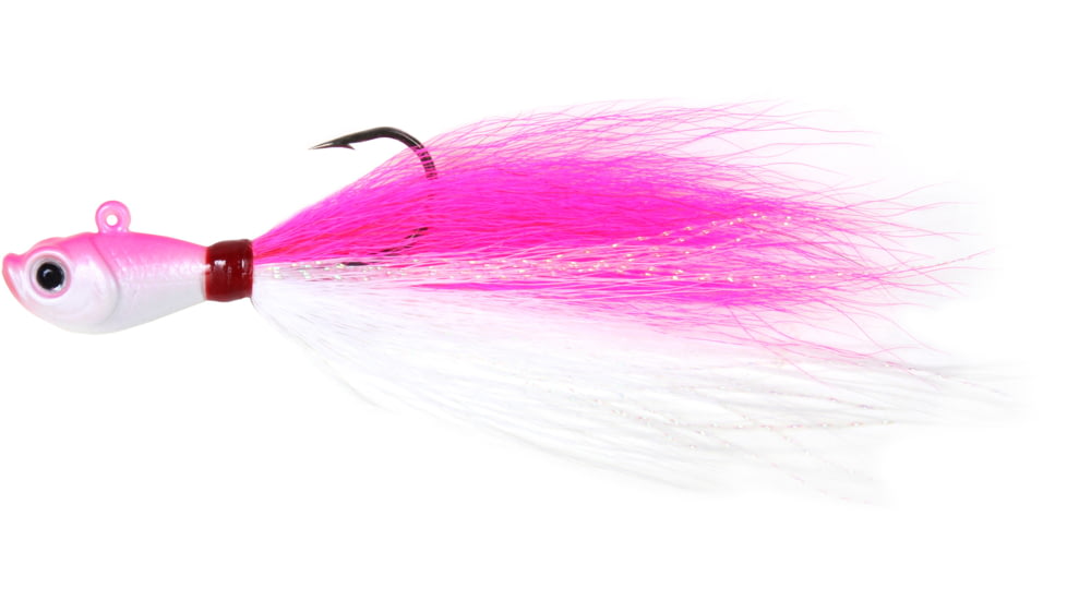 Sea Striker Bucktail Jig 1 1/2 oz, Holographic Eyes, Blk Nickel Hook, Pink/White Head/Pink/White Tail, SSBTJ15-PW