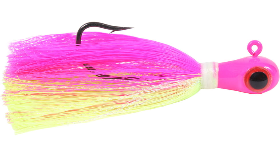 Sea Striker Bucktail Jig 8 oz, Holographic Eyes, Blk Nickel Hook, Electric Chicken, SSBTJ8-EC