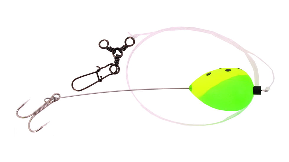 Sea Striker Deluxe Finger Mullet Rig, Removable 2/0 Double Hook, 1 1/4" Green/Yellow w/Dots Pear Float, SSDMR-2TGY