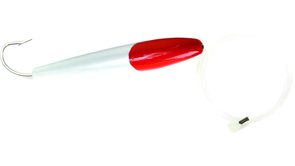 Sea Striker Rigged Cedar Plug 4", 8/0 Hook, 8 ft 100 Lb Mono Leader, Red Head/White Body, 491