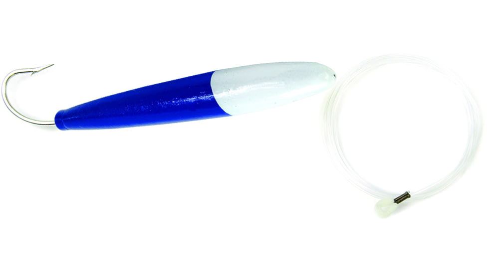 Sea Striker Rigged Cedar Plug 6", 10/0 Hook, 8 Ft 150 Lb Mono Leader, White/Blue, 893