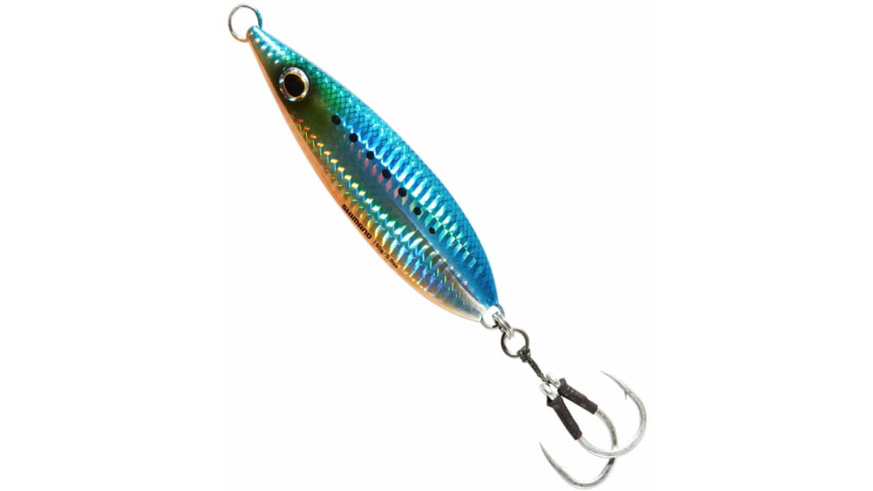 Shimano Butterfly Flat-Fall Jig, 80g Mid-Column, 2 3/0 Assist Hooks, Sinking, Blue/Sardine, 85mm, BFLFF080BS