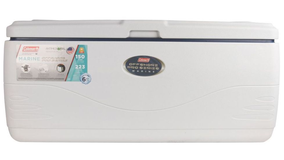 Coleman Signature OffShore Pro Series 150 Quart Marine Cooler W/ DIviders, Dry Storage Tray , 5250, White / Blue, Holds 223 Cans 3000003694