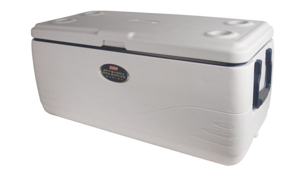 Coleman Signature OffShore Pro Series 150 Quart Marine Cooler W/ DIviders, Dry Storage Tray , 5250, White / Blue, Holds 223 Cans 3000003694