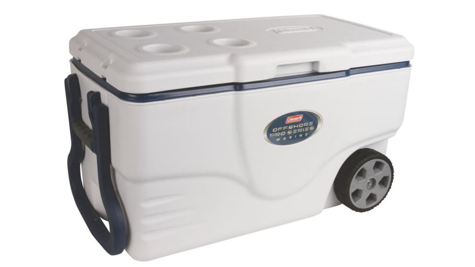 Coleman Signature OffShore Pro Series 50 Quart Marine Wheeled Cooler, 6263, White / Blue, Holds 75 Cans 3000003700
