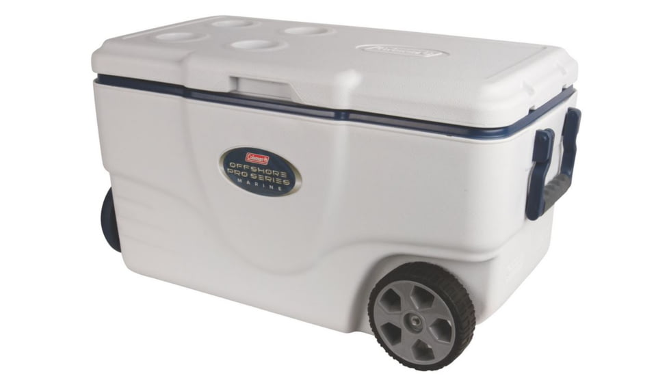 Coleman Signature OffShore Pro Series 50 Quart Marine Wheeled Cooler, 6263, White / Blue, Holds 75 Cans 3000003700