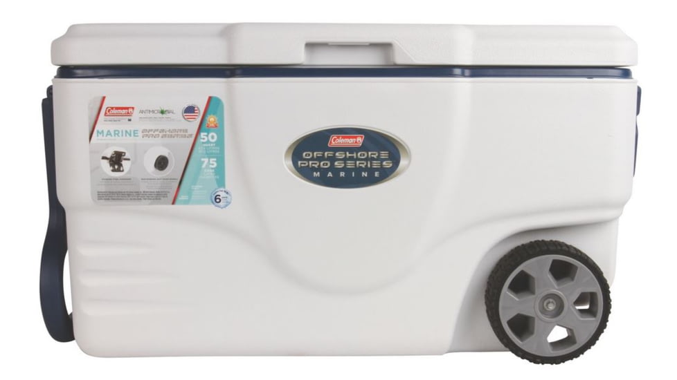 Coleman Signature OffShore Pro Series 50 Quart Marine Wheeled Cooler, 6263, White / Blue, Holds 75 Cans 3000003700
