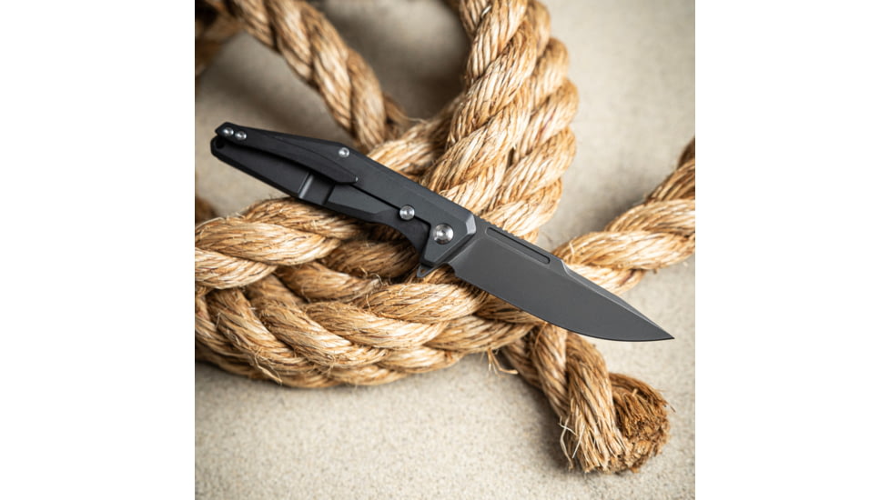 Skallywag Tactical Tactical Iron Jaw Folding Knife, 3.4in, D2, Straight Back, G10/Titanium, Black, Iron Jaw
