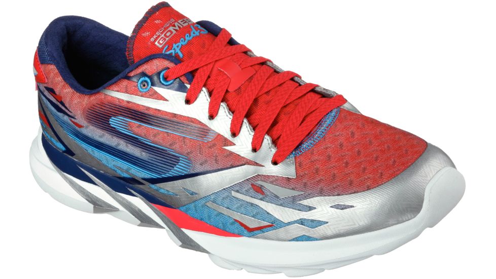 Skechers GoMeb Speed 3 Road Running Shoe - Mens-Silver/Blue/Red-Medium-11