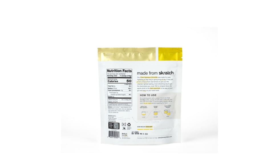 Skratch Labs Clear Hydration Drink Mix, Hint of Lemon, 240g, 16 Serving Bag, CLR-LM-240g