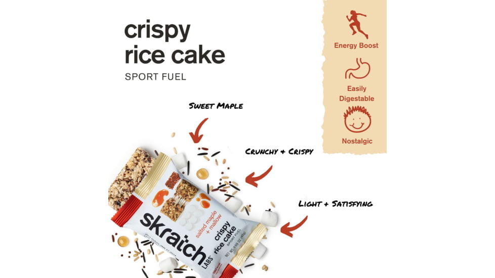 Skratch Labs Crispy Rice Cake Sport Fuel, Salted Maple + Mallow, 45g Bar, 8 Pack Singles, CRC-MP-45g/8