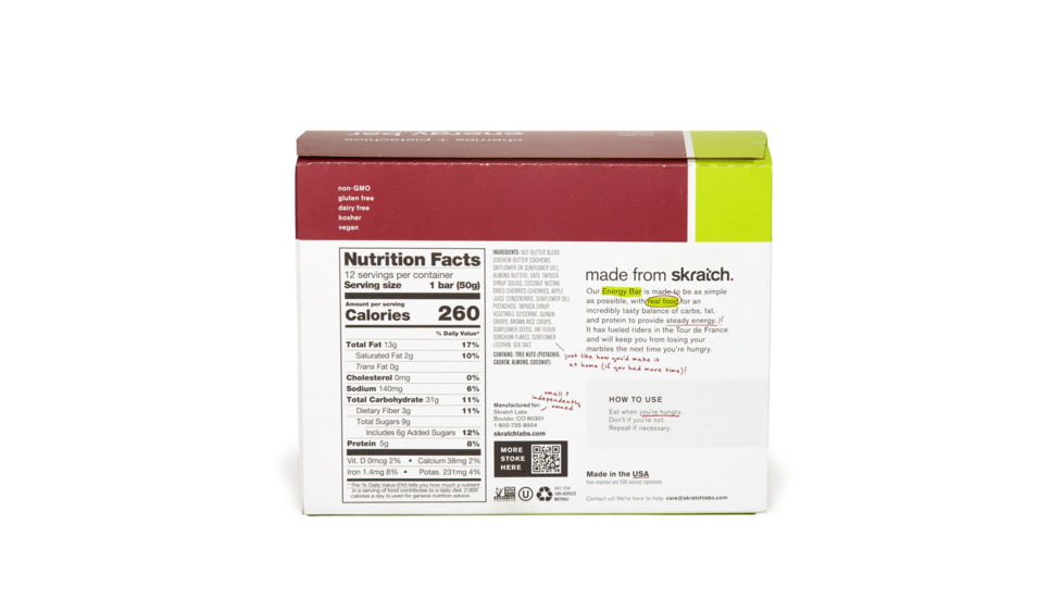 Skratch Labs Energy Bar Sport Fuel, Cherry + Pistachio, 50g Bar, 12 Pack Singles, EBF-CP-50g/12