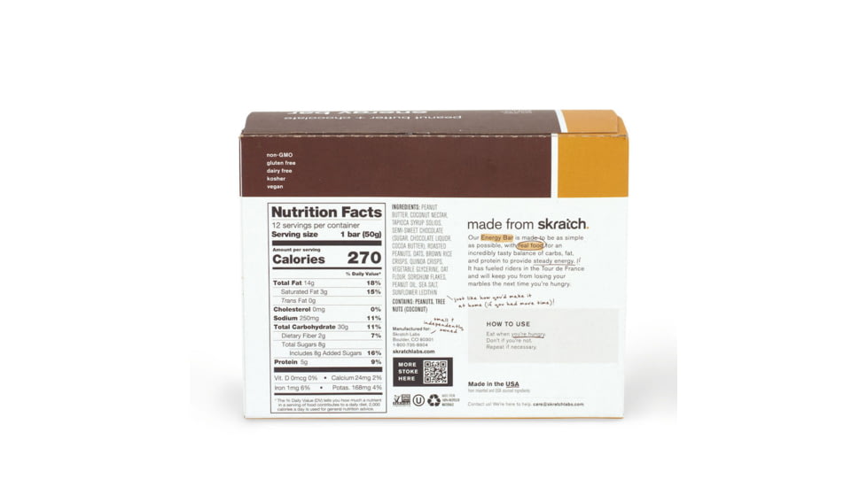 Skratch Labs Energy Bar Sport Fuel, Peanut Butter + Chocolate, 50g Bar, 12 Pack Singles, EBF-PC-50g/12