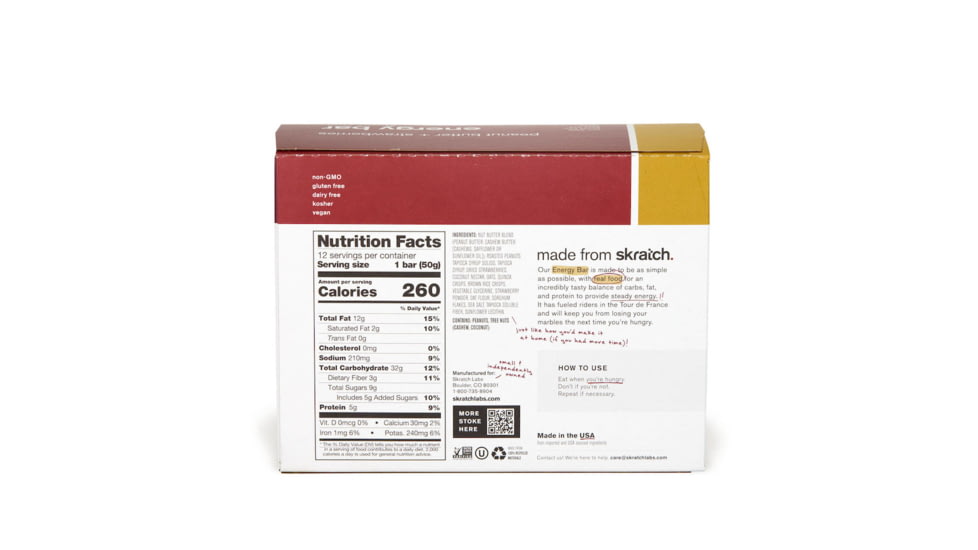 Skratch Labs Energy Bar Sport Fuel, Peanut Butter + Strawberries, 50g Bar, 12 Pack Singles, EBF-PB-50g/12