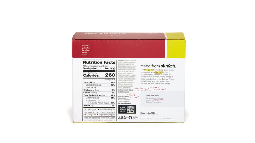 Skratch Labs Energy Bar Sport Fuel, Raspberries + Lemons, 50g Bar, 12 Pack Singles, EBF-RL-50g/12