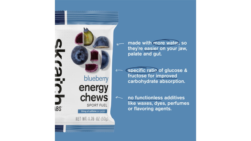 Skratch Labs Energy Chews Sport Fuel, Blueberry with Caffeine, 50g Seving, 10 Pack Singles, ECS-BB-50g/10