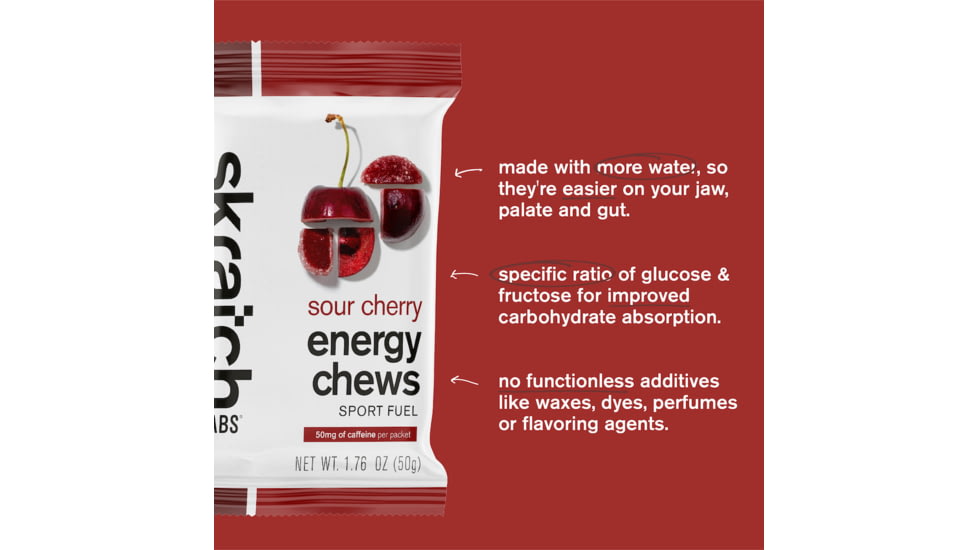 Skratch Labs Energy Chews Sport Fuel, Sour Cherry with Caffeine, 50g Seving, 10 Pack Singles, ECS-SC-50g/10