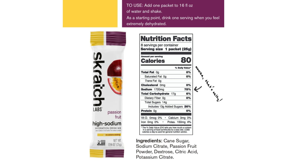 Skratch Labs High-Sodium Hydration Drink Mix, Passion Fruit, 25g Serving, 8 Pack Singles, HDM-PF-25g/8