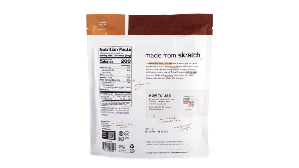 Skratch Labs Recovery Sport Drink Mix, Chocolate, 600g, 12 Serving Bag, RDM-CH-600g