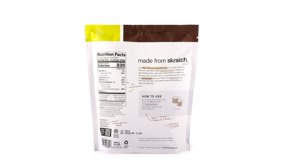 Skratch Labs Recovery Sport Drink Mix, Vegan Chocolate, 600g, 12 Serving Bag, VRDM-CH-708g
