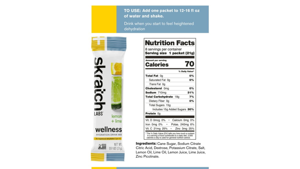 Skratch Labs Wellness Hydration Drink Mix, Lemon + Lime, 21g Serving, 8 Pack Singles, WDM-LL-21g/8