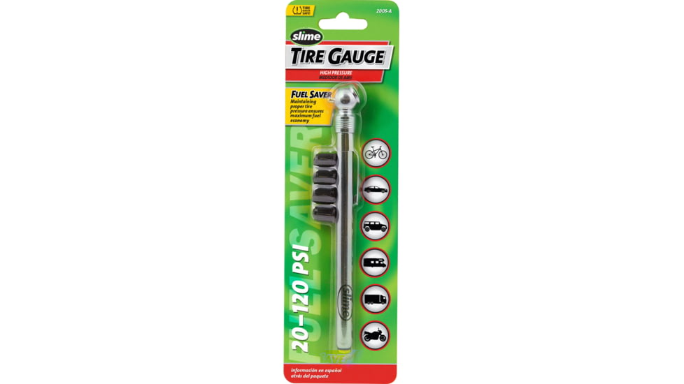 Slime Chrome Pencil Tire Gauge, w/Valve Caps, Silver, 2005-A