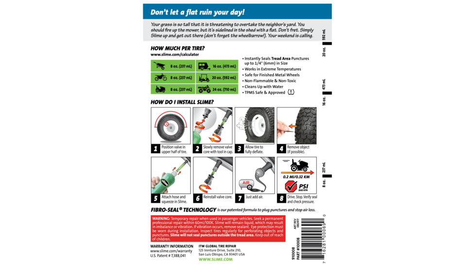 Slime Prevent and Repair Tire Sealant, 24 oz, Green, 10008