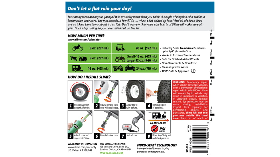 Slime Prevent and Repair Tire Sealant, 32 oz, Green, 10009