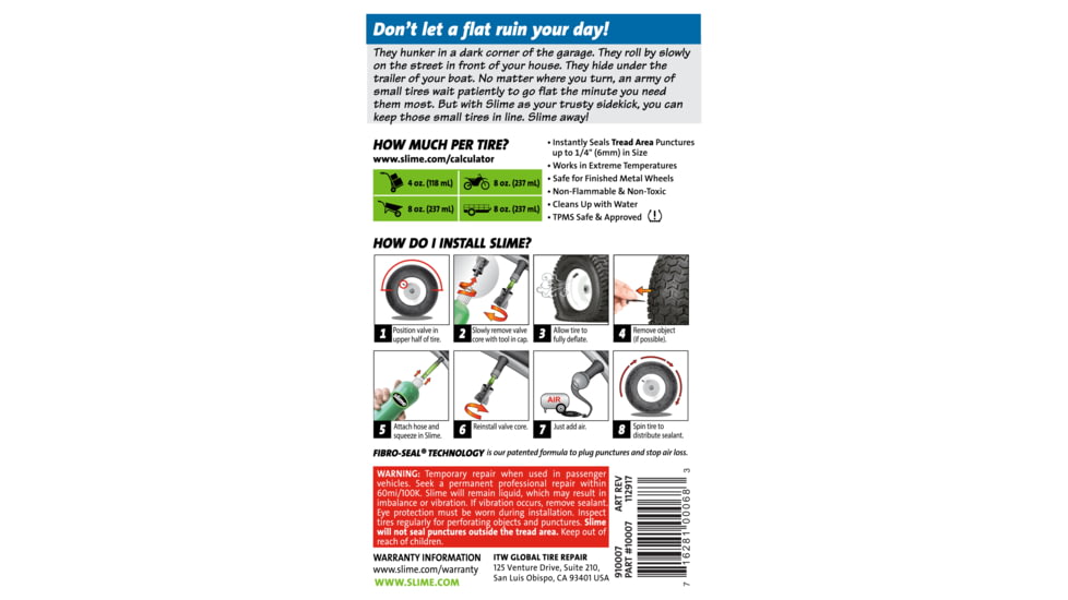Slime Prevent and Repair Tire Sealant, 8 oz, Green, 10007