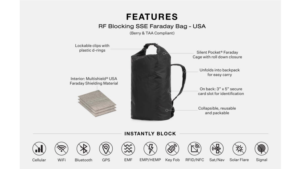 SLNT RF Blocking SSE Faraday Bag, USA TTA, Black, 19L, SL-PKGB-TAA-02