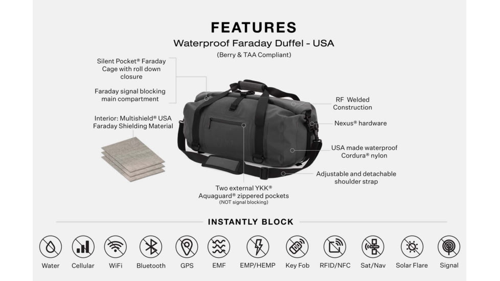 SLNT Waterproof Faraday Duffel, USA Berry Compliant, Black, 40L, SPB-DFL-BER