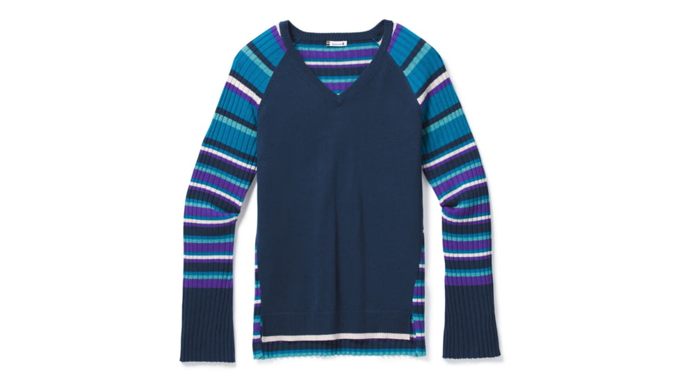 Smartwool Edgewood Striped V-Neck Sweater - Womens, Alpine Blue Heather, Extra Large, SW016393B26-XL