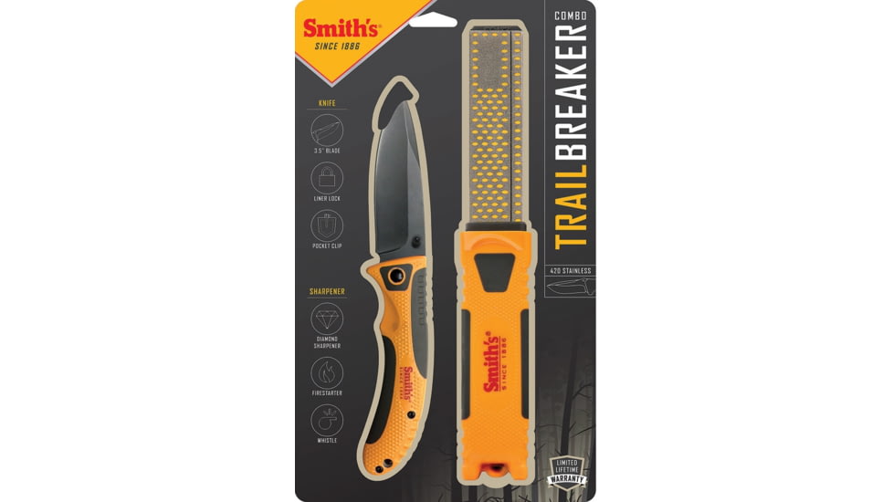 Smith's Sharpeners Trail Breaker Linerlock Combo, 4.5in Closed, 3.5in Black 420 SS Blade, Gray And Yellow Tpe Handle, Pocket Clip, Thumb Stud, Gray and yellow, 51013