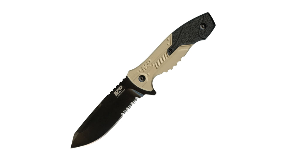Smith &amp; Wesson M&amp;P Full Tang Fixed Blade Knife, 4.1 in, Partially Serrated Tanto Stainless Steel Blade, Black/Tan Aluminum &amp; Rubber Handle, M.O.L.L.E. Compatible Belt Sheath, SWMPF2CS