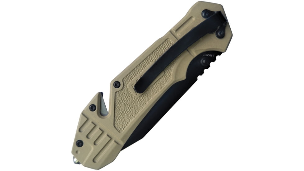 Smith &amp; Wesson M&amp;P Linerlock A/O Folding Knife, 4.63in Closed, 3.25in Black Partially Serrated SS Tanto Blade, Tan Rubberized Aluminum Handle, Belt/Cord Cutter, Pocket Clip, Tan, 1100076