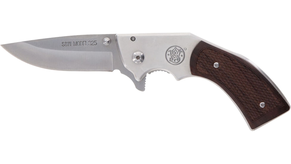 Smith &amp; Wesson Model 325 Revolver Folding Knife, 3in, Stainless Steel, Wood, Silver, 1168583