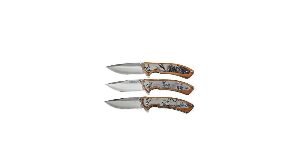 Smith &amp; Wesson Ot Wood w/Etch 3-pack Folding Knives, 3.25 in, 3Cr13MoV Steel, Drop Point, Multi, Brown Wood, 1085946