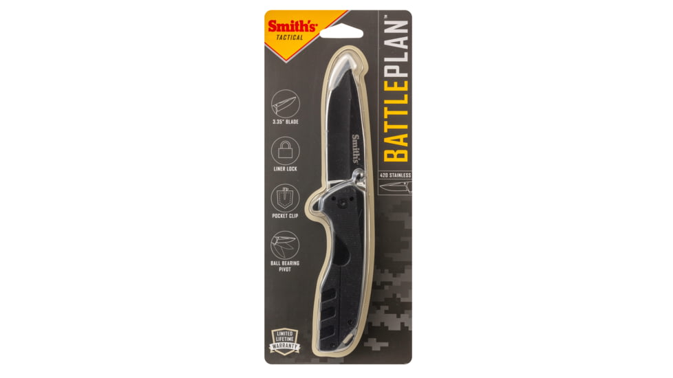 Smiths BattlePlan Folding Knife, 3.35in, 420 Stainless Steel, Black Stonewash, Drop Point Blade, G10 Handle, Black, SP-50994