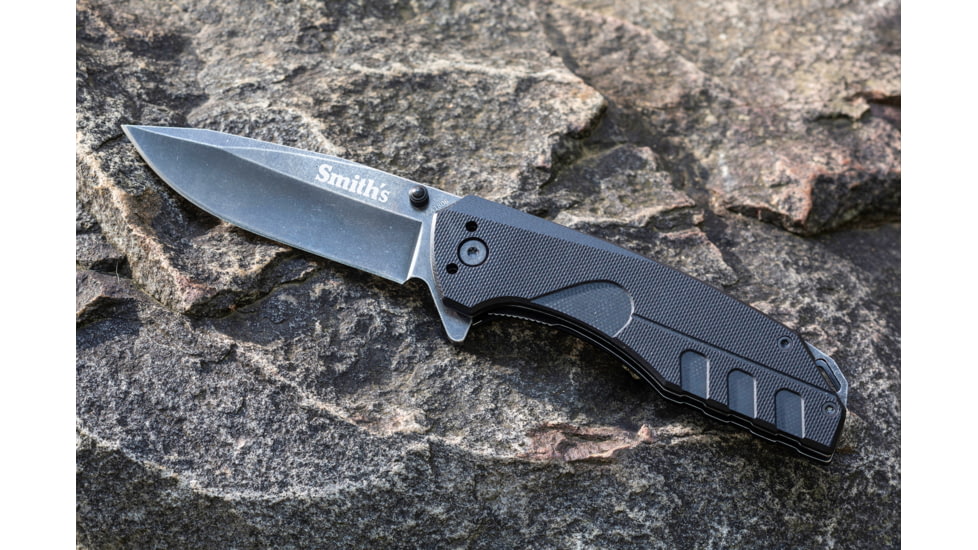 Smiths BattlePlan Folding Knife, 3.35in, 420 Stainless Steel, Black Stonewash, Drop Point Blade, G10 Handle, Black, SP-50994