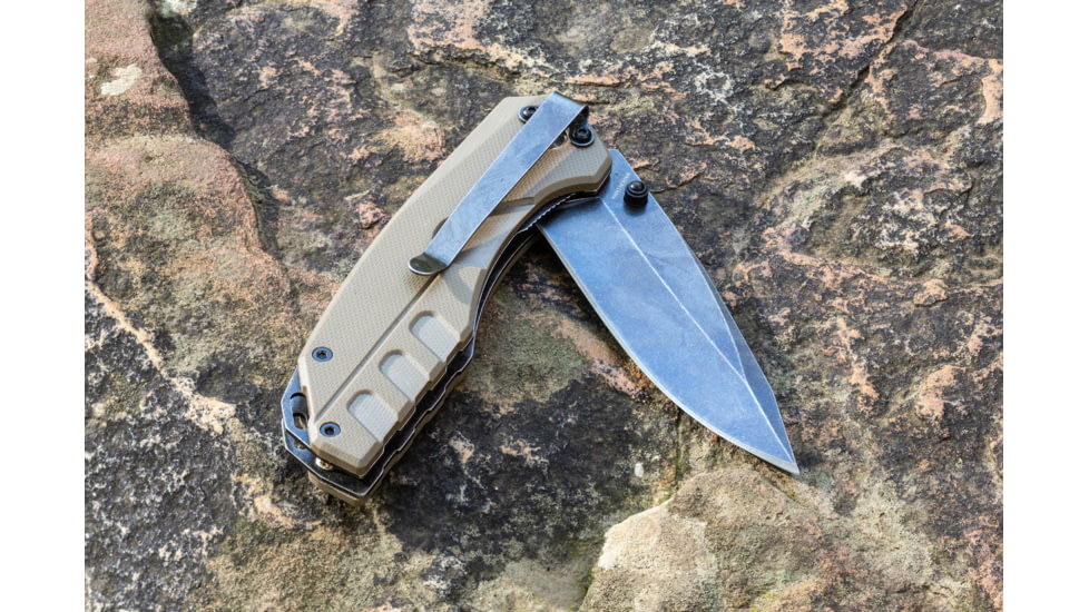 Smiths BattlePlan Folding Knife, 3.35in, 420 Stainless Steel, Black Stonewash, Drop Point Blade, G10 Handle, Desert Tan, SP-50995